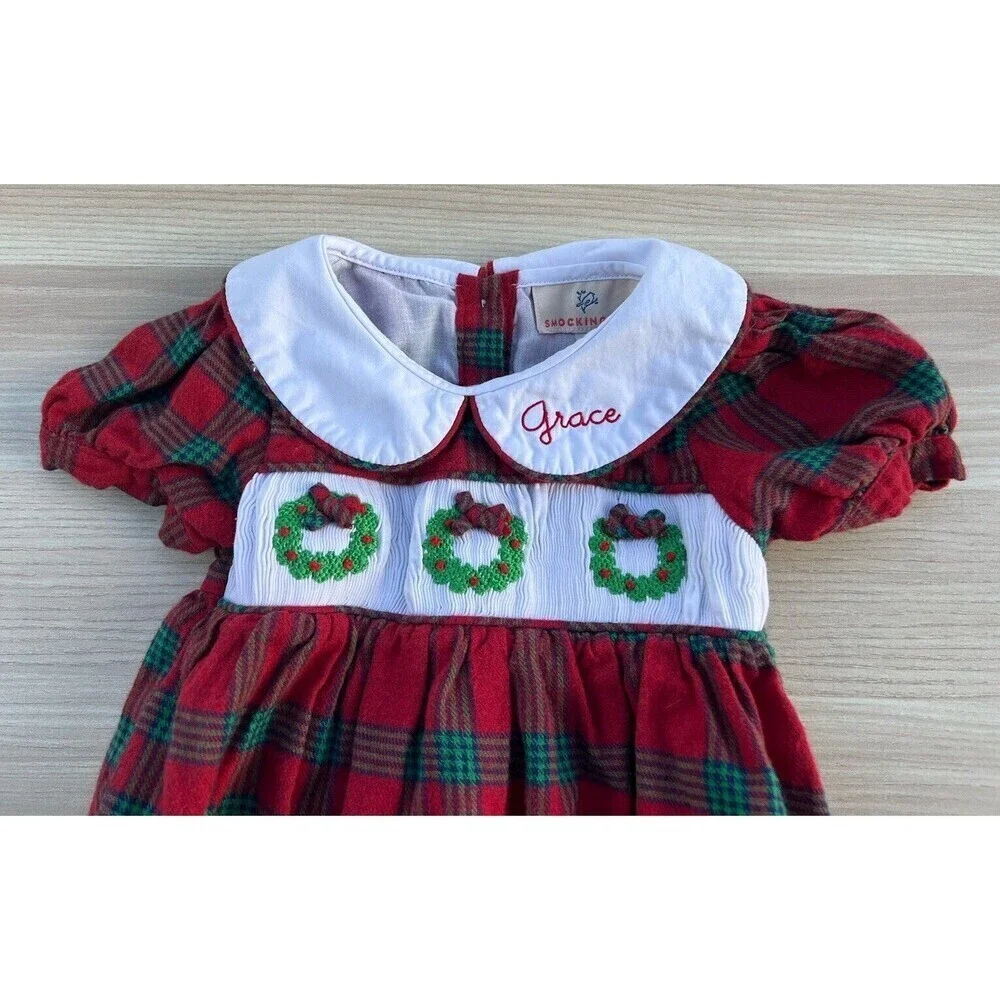 Smockingbird Wreath Smocked Red and Green Plaid Bubble One Piece Size 18M
